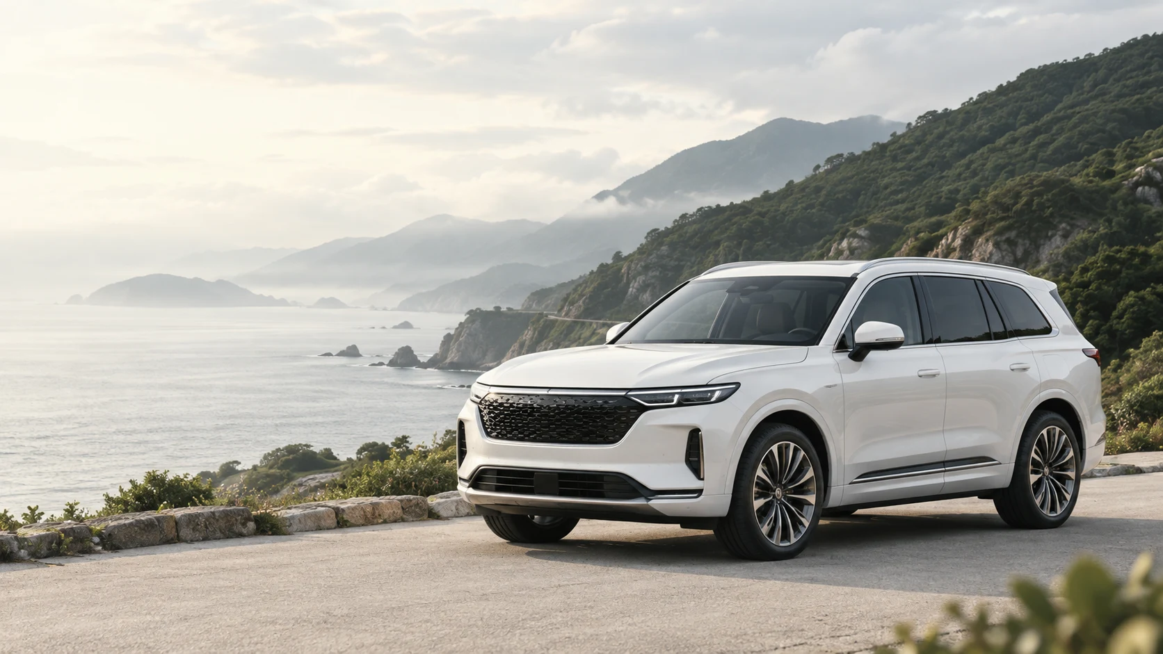 초록빛 해안 도로에 놓인 흰색 SUV 브랜드 연출 이미지